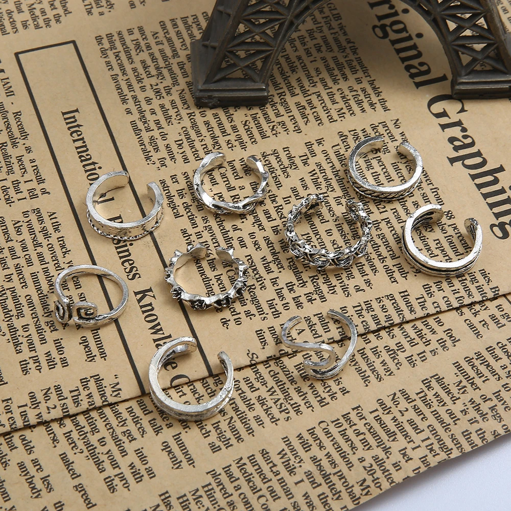 9PCS Set High Quality Carved Retro Beach Adjustable Opening Foot Jewelry Foot Finger Ring Toe Ring
