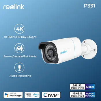 Reolink 야외 야간 투시경 불릿 보안 캠, 4K PoE IP 카메라, 스마트 사람 및 차량 감지 감시 카메라, P331, 8MP