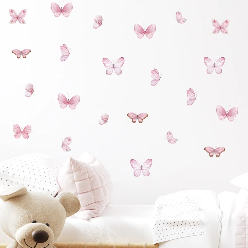 Pink Butterfly Self-Adhesive Wall Stickers - Aesthetic Girl's Room Decor, 22.5x30cm 3pcs Set for Bedroom & Kindergarten