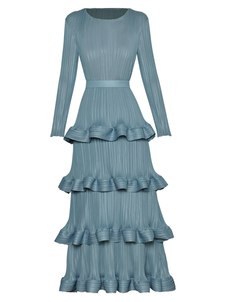 

Sweetsince 2023 Fashion Designer New Large Dress Spring Women's Long Sleeve Ruffle Elastic Waist Solid Dress Popular Versatile