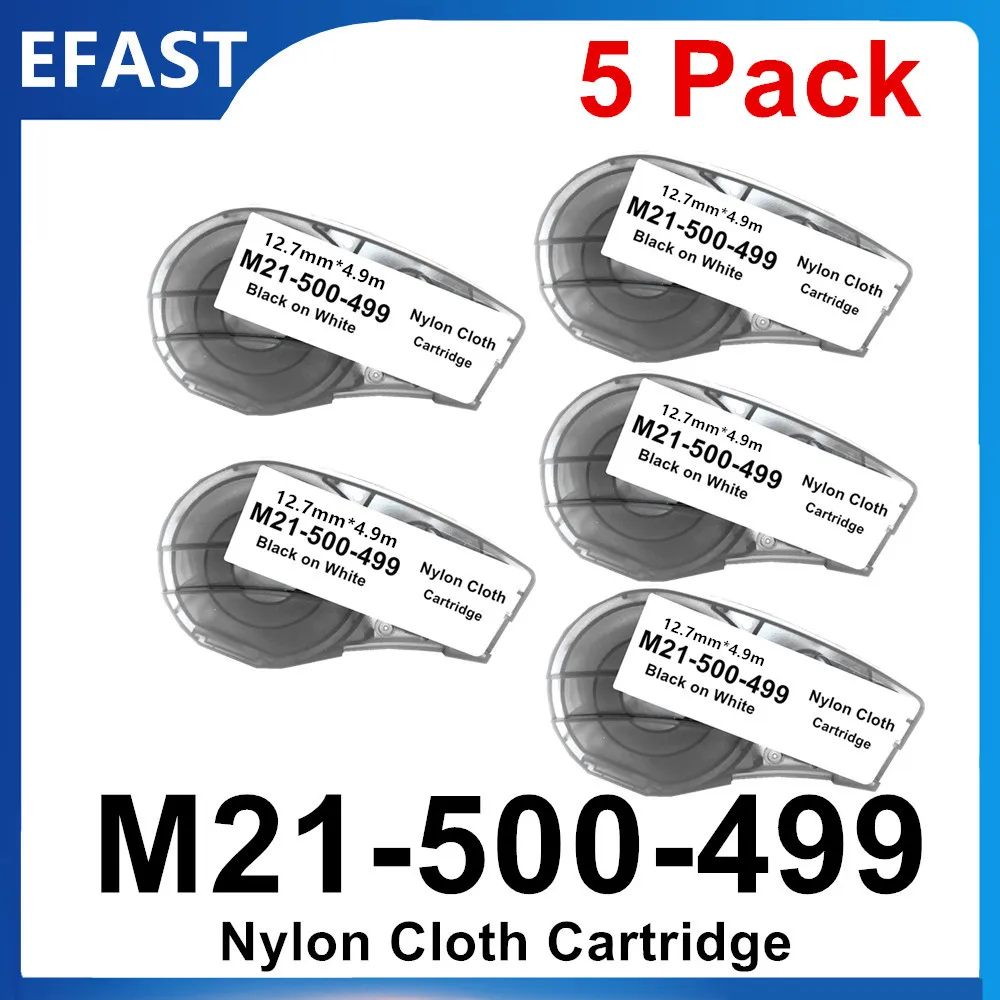 

5 Pack Replace M21 500 499 Nylon Cloth Ribbon Labels Cartridge For Labeller,Handheld Label Printer Black on White 12.7mm * 4.9m