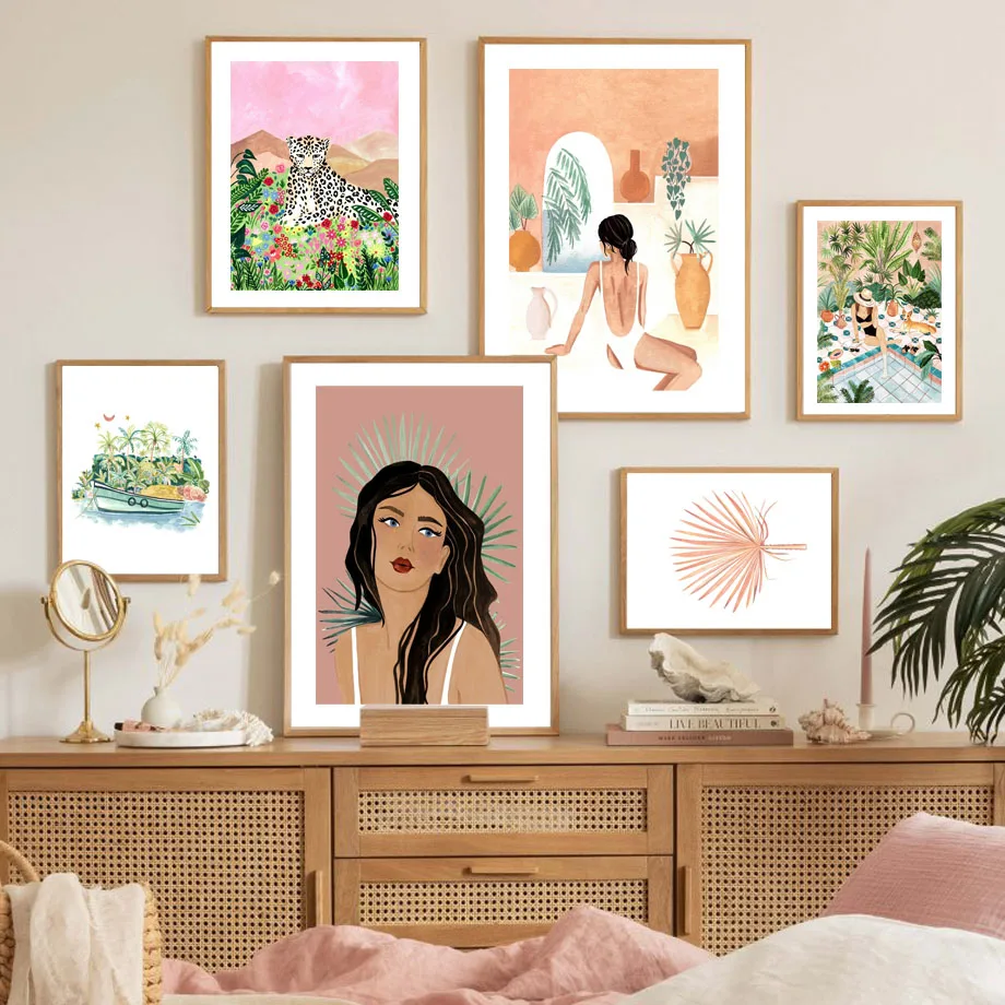

Boho Summer Girl Swimming Palm Leopard Wall Art Canvas Painting Nordic Posters And Prints Wall Pictures For Living Room Decor