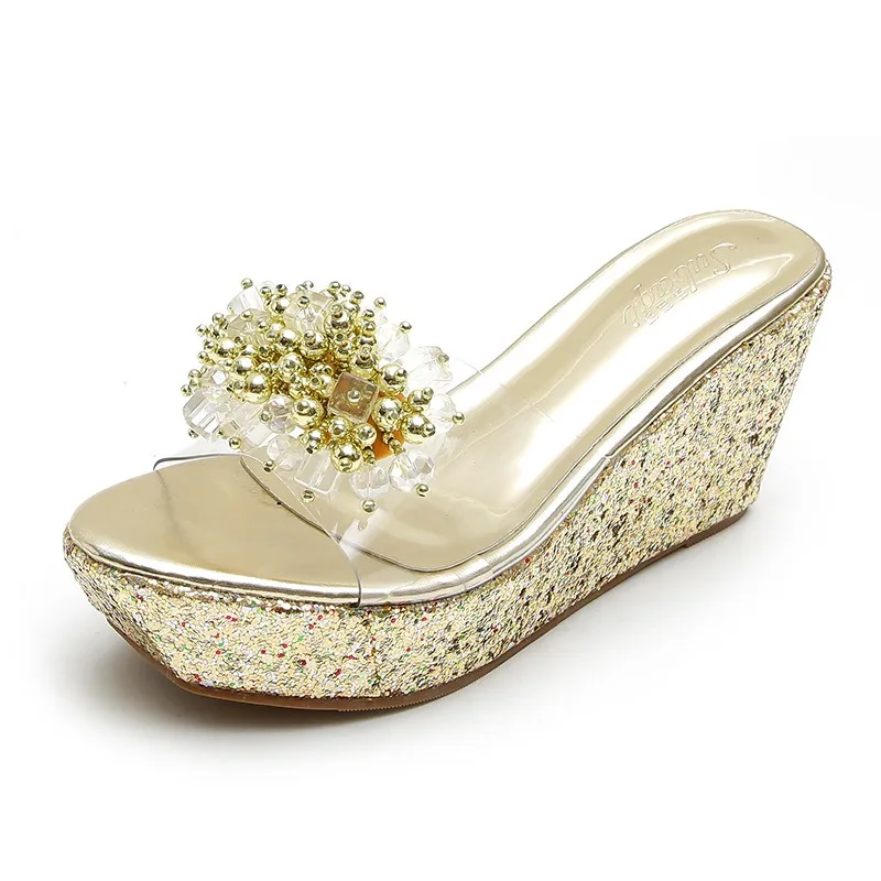 

2024 Summer Women 8cm High Heels 4cm Platform Pumps Catwalk Designer Sandals Crystal Muffin Wedges Slides Sparkly Party Shoes