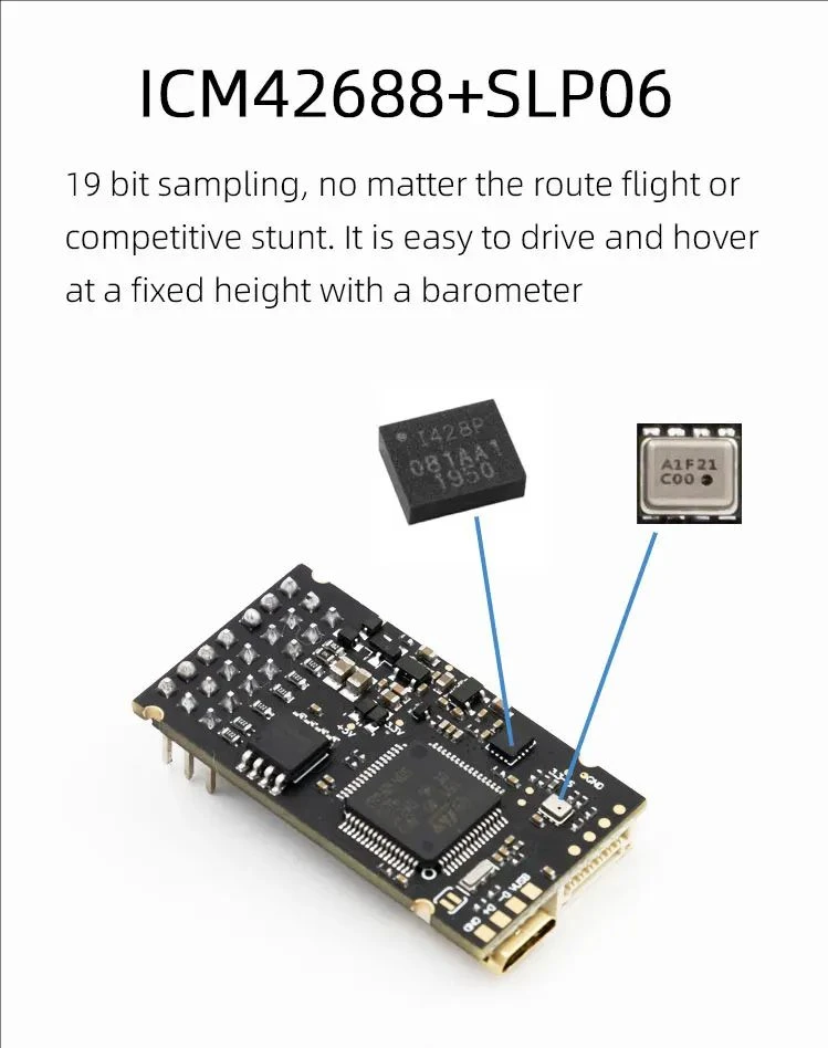 Détail des connecteurs du contrôleur Flywing Rotorflight RF405, compatible Frsky et autres protocoles.