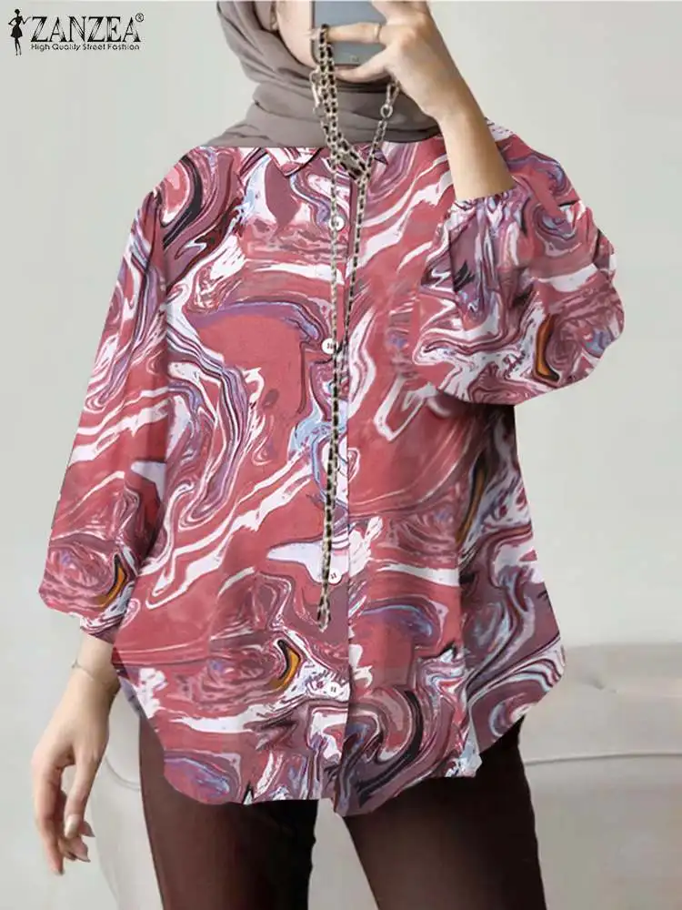 

Casual Muslim Abaya Tops ZANZEA Women Floral Printed Puff Sleeve Shirt Autumn Bohemian Blouse Female Work Party Blusas Tunic