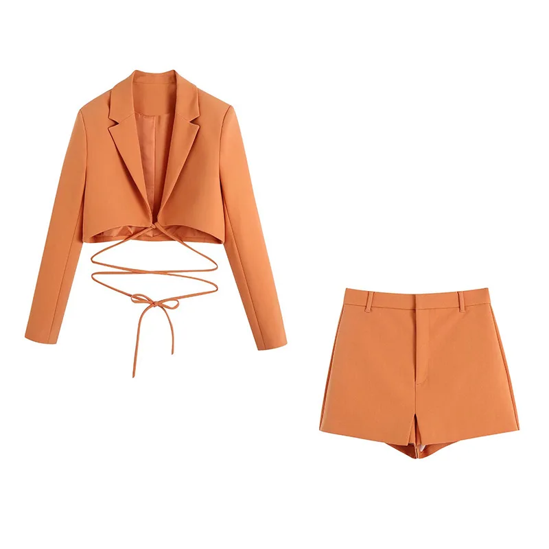 

2024 Spring Summer New Women 2 Piece Set Bow Lapel Neck Long Sleeves Cropped Blazer Jacket+High Waisted Skort Shorts Skirt Suit