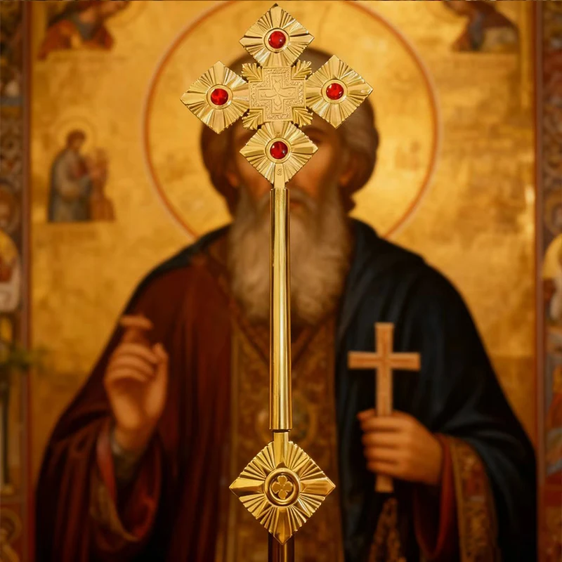 Östliche orthodoxe Metallkreuzzepter, religiöse Zeremonie, Sakramentfeier, eingelegt mit hellem Rubin, klassischer religiöser Glaube – Detail 8