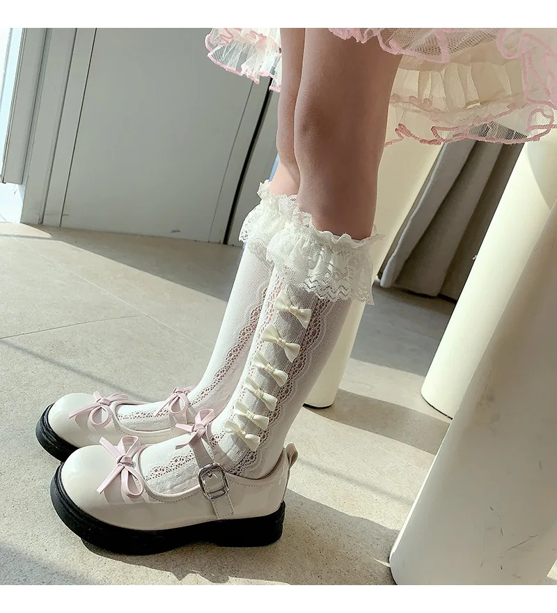 

Летние носки для маленьких девочек, детские длинные носки с бантом, детские гольфы до колен, мягкие хлопковые сетчатые детские дышащие носки в испанском стиле