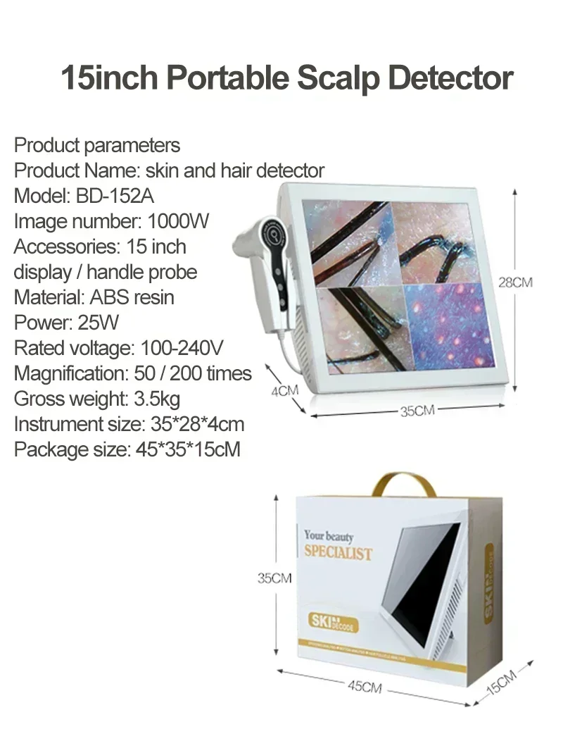 15 Inch Screen Ultra Hair Skin Analyze HD Intelligent Beauty Salon Home 50/200 Times Lens HD Scalp Hair Detector Skin Analysis