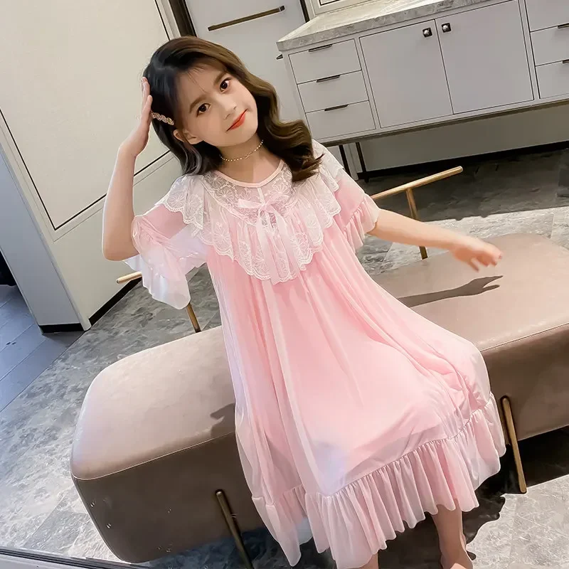 어린이 여름 공주 잠옷 수면 원피스, 여아 잠옷, 반팔 레이스 칼라 디자인,  홈웨어 잠옷