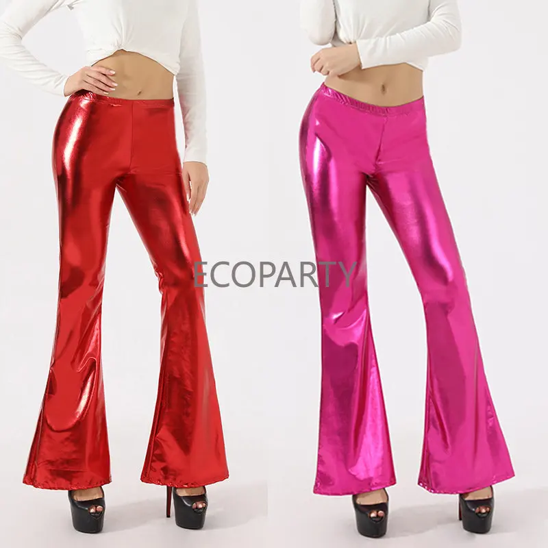 

Новые Сексуальные Металлические Брюки из искусственной кожи, блестящие голографические расклешенные брюки, облегающие брюки с эластичным поясом для женщин и девушек, штаны с колокольчиками, клубная одежда