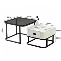 SHARPDO Tables Basses gigognes, Pierre Sinterisée & Verre trempé, Tiroir Simili Cuir Blanc, Lot de 2, 60/50 cm, Design Moderne pour Salon, Carrée (carrée) 2