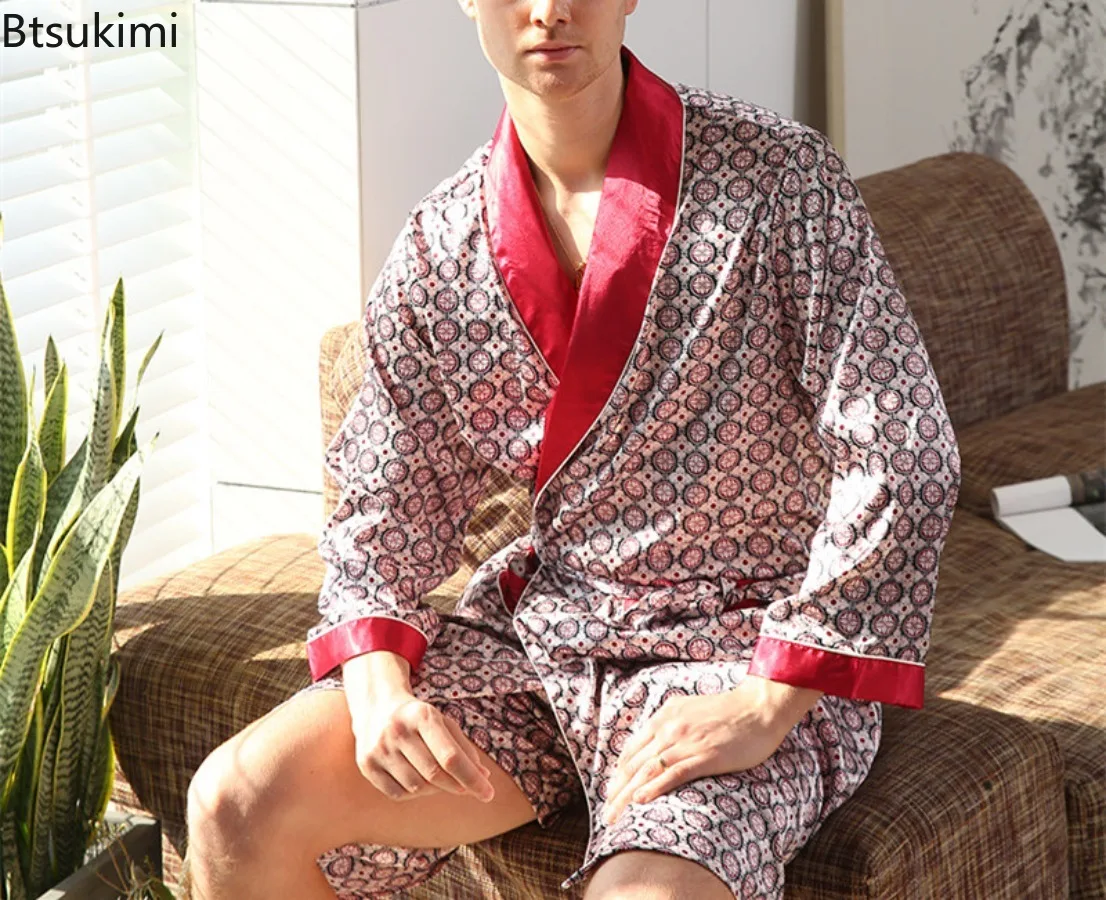 2024 New Robe Shorts Pajama Sets Men Silk Sleepwear Satin Bathrobe Two-Pieces Man Kimono Home Clothes Soft Cozy Lounge Bath Gown