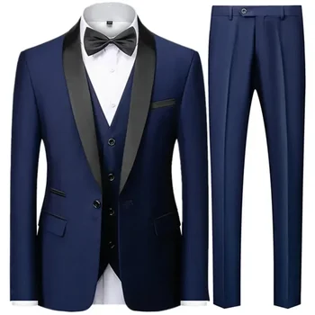 Black Men Autumn Wedding Party Three Pieces Set Large Size Male Blazer Coat Pants and Vest Fashion Slim Fit Suit 5