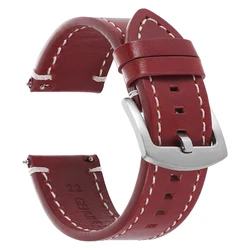 Vintage Brown Oil Wax Leather Watch Band - Thick Stitched Cowhide Strap for Men with Quick Release (Red)