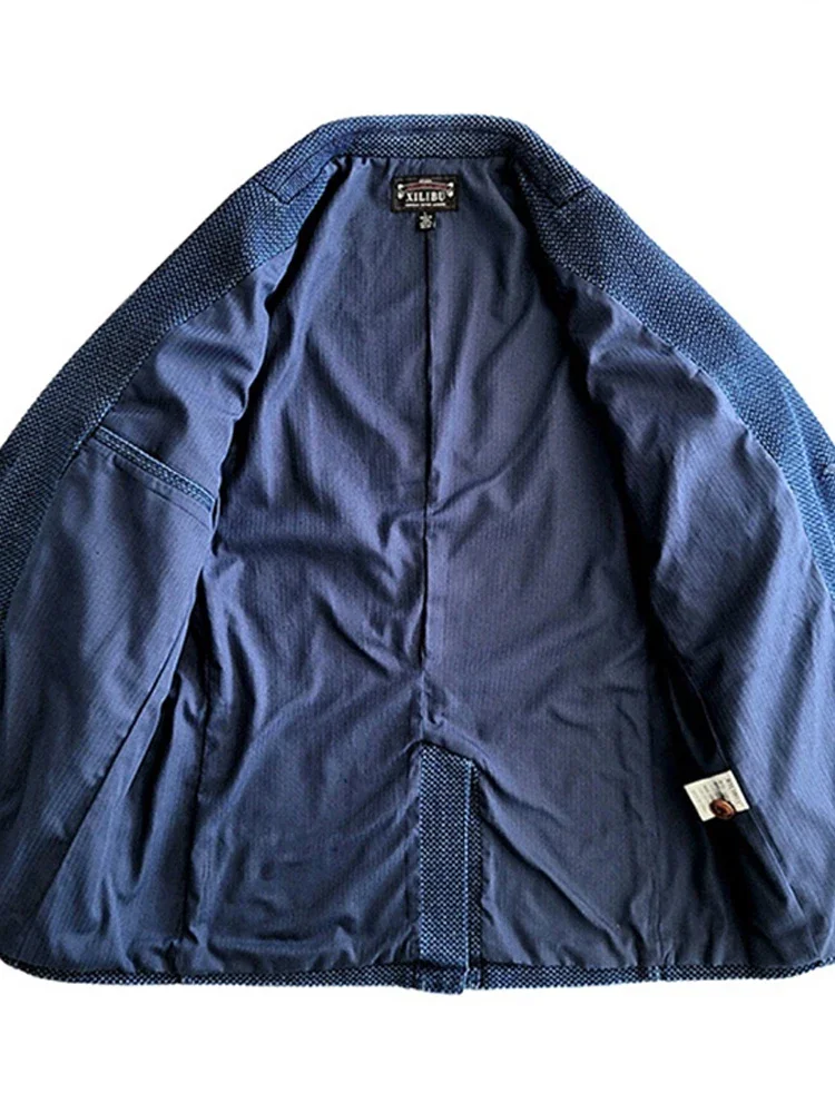 Amekaji Wear Clothes Men Blue Dyed Suit Cotton Casual Solid Color Long Sleeve Jacket 4