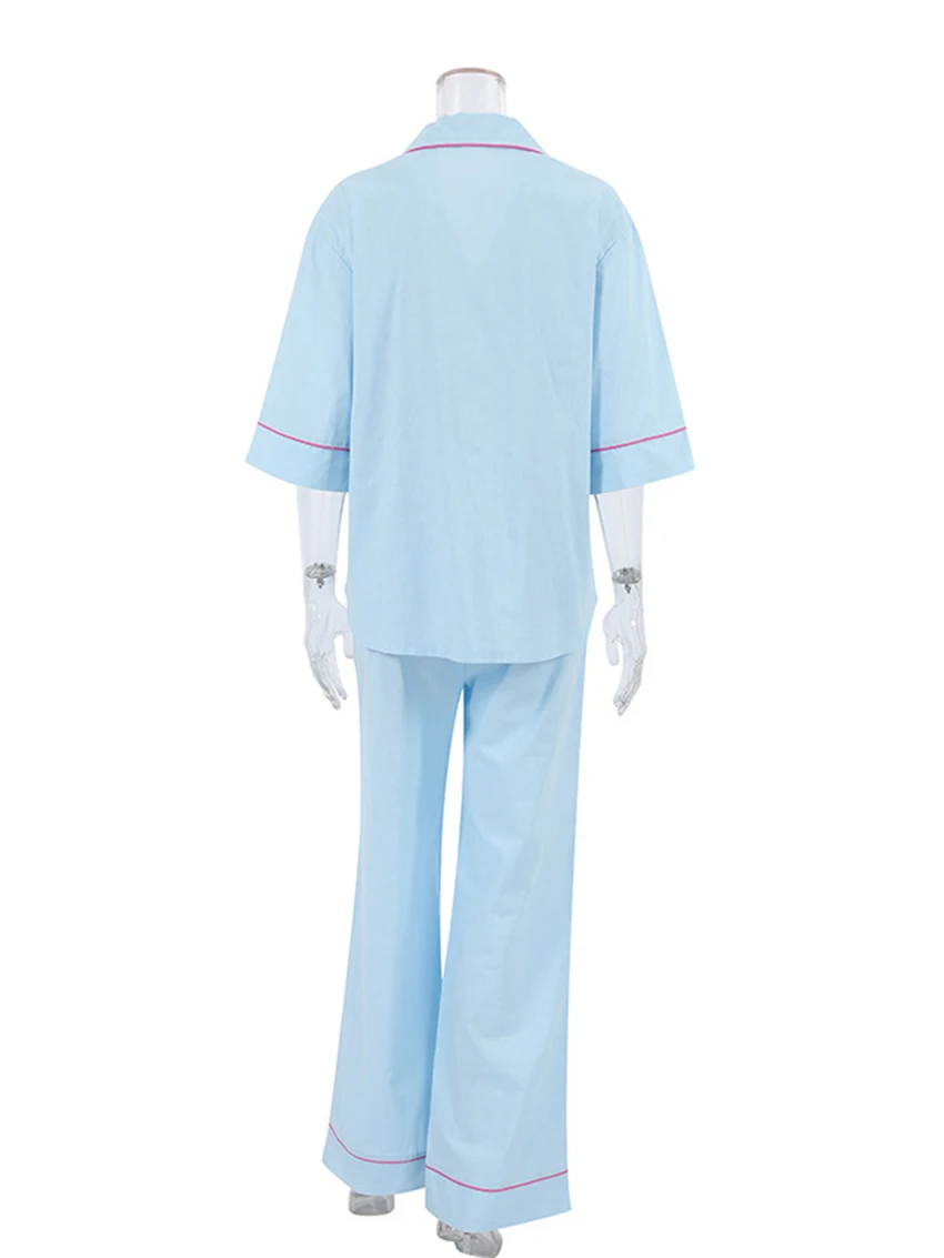 Marthaqiqi Cotton Ladies Sleepwear Suit Three Quarter sleeve Nightwear Turn-Down Collar Pajama Pants Casual Women Nightwear Set