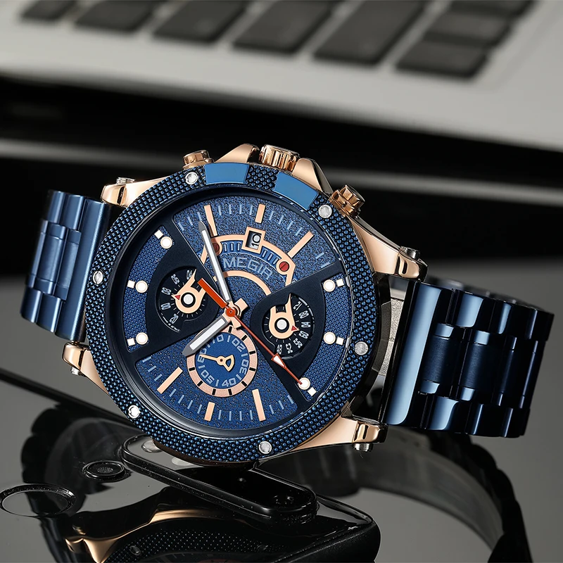 MEGIR Watches Men's Sport Quartz Chronograph Wristwatches Luxury Stainless Steel Clock with Luminous Watch Relogio Masculino