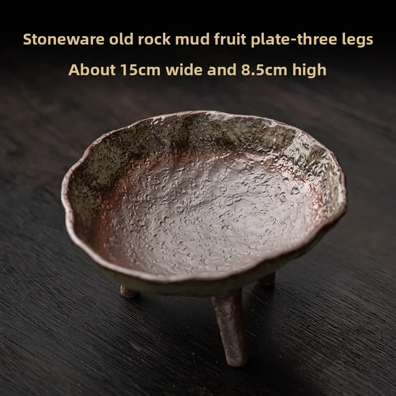Handmade and creative three legged rough pottery fruit plate, living room, household antique ceramic tea plate