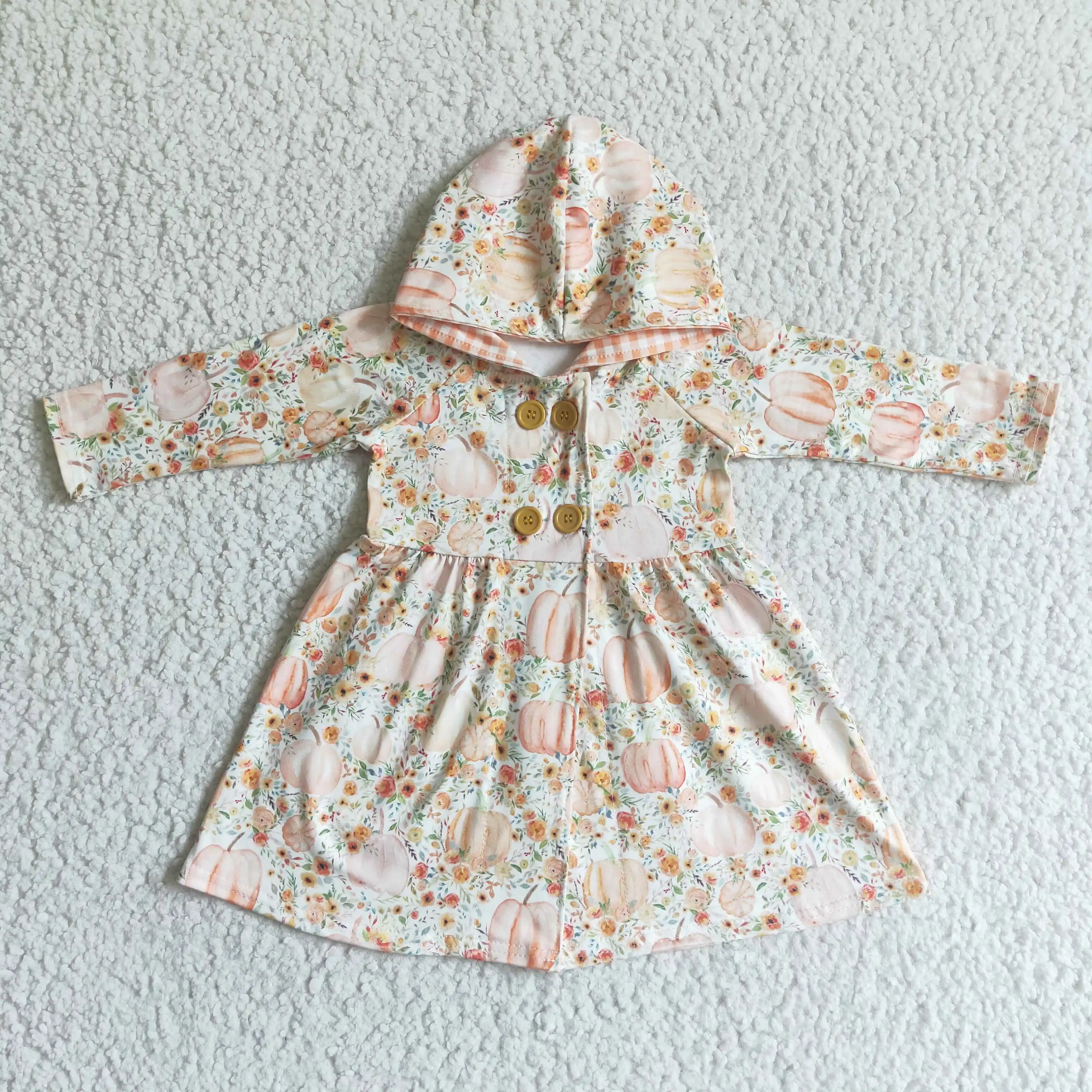 

GT0008 girl long sleeve hoodie dress children pumpkin and flowers pattern outwear with buttons