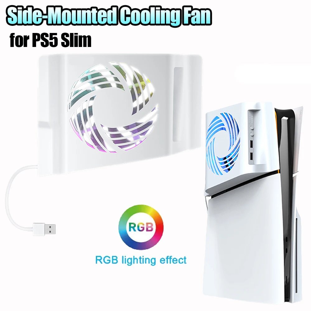 LED 라이트 측면 장착 냉각 선풍기, PS5 SLIM 게임 콘솔 측면 쿨러, 온도 제어, 고속 선풍기