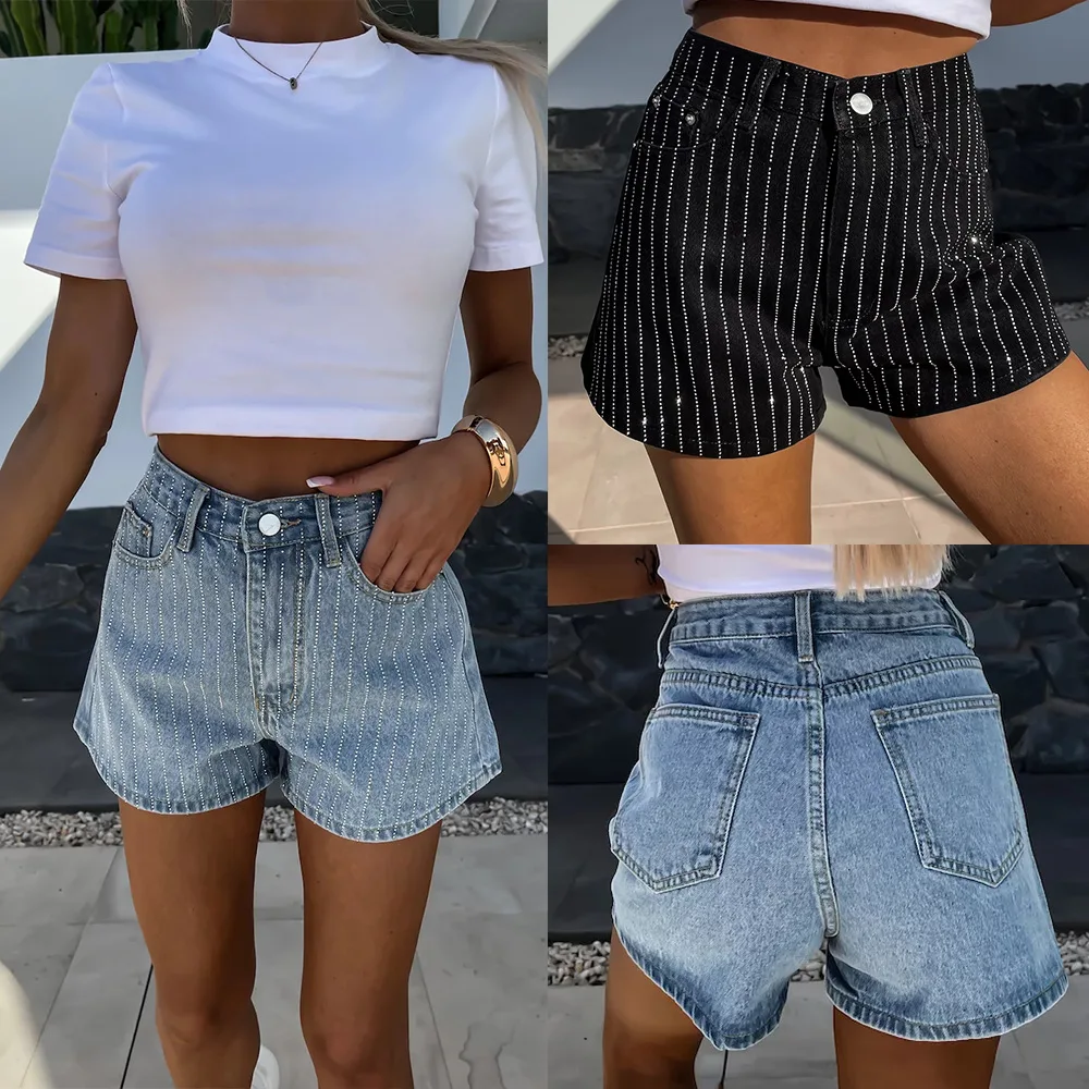 Women Black Shorts Street Fashion Striped Rhinestone Shorts 2024 Summer Straight Denim Shorts Female Fashion Short Pants