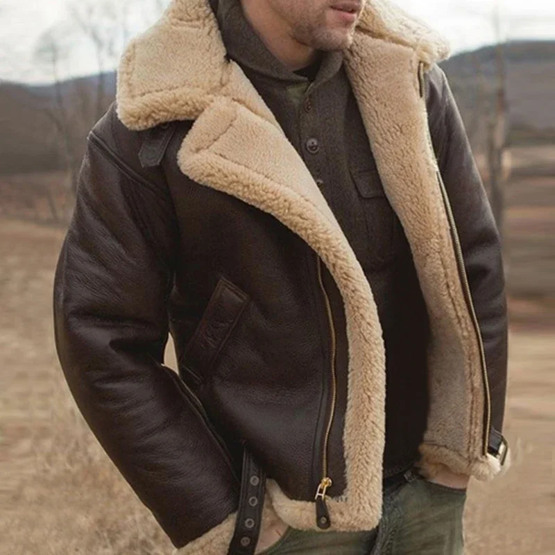 Men's Faux Leather Classic Brown Black Bomber Jacket Winter Shearling Sheepskin Coat Large Size Male Fleece Warm Outerwear