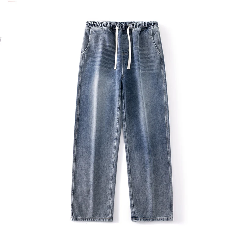 New Mens Wide Leg Jeans Baggy Fashion Oversized Elastic Waist Vintage Bleached Straight Denim PantsTrousers Male Str