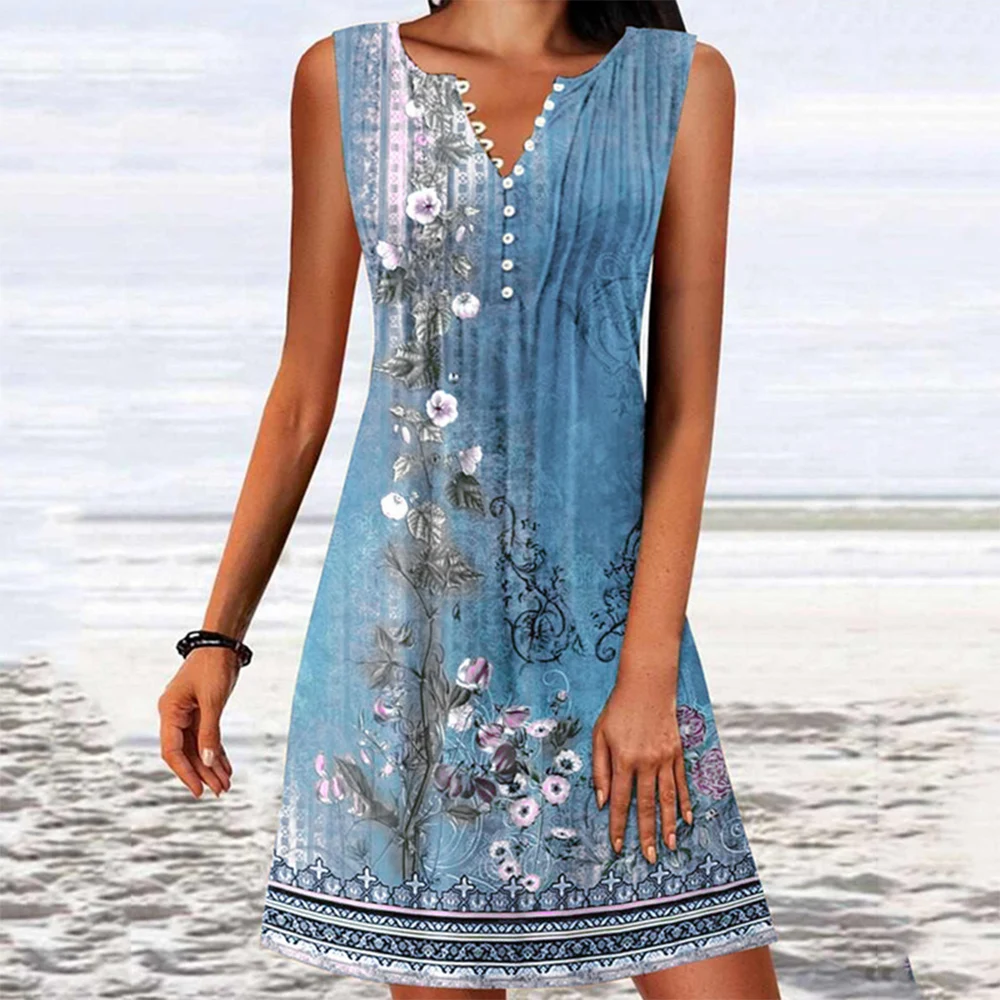 

2023 Summer Sexy V-Neck Tank Top A-Line Dress Fashion ButtonSleeveless Plus Size Slim Fit Dresses New Digital Printing Pullover