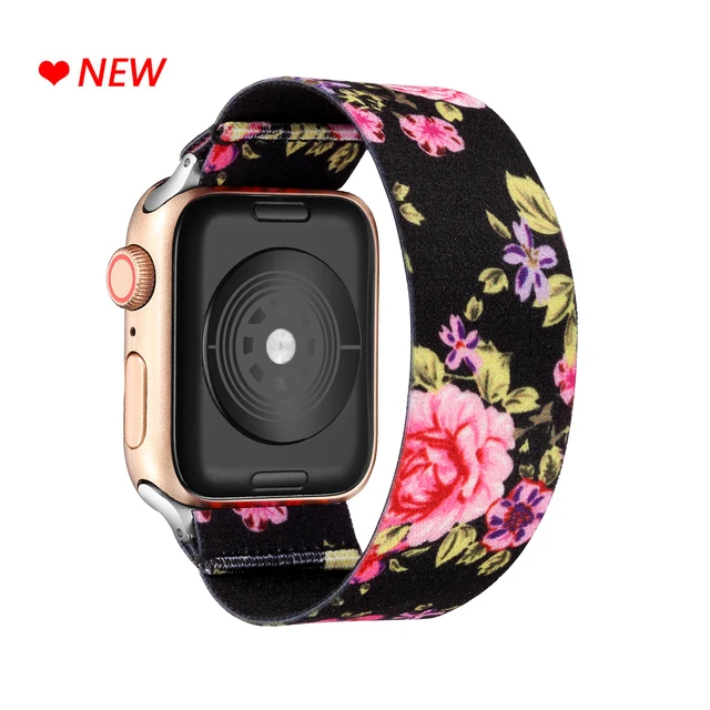 Elastic Scrunchie Strap Band for Apple Watch 7 5 6 4 8mm 40mm 42mm 44mm Women Bracelet for iwatch series 7 6 se 5 4 45mm 41mm black peony
