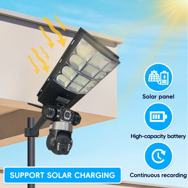 Solar 4G Street Light Camera 15MP 10X Zoom Three Lens Recording Humanoid Tracking Outdoor Camera Lamp Remote Control Waterproof 3