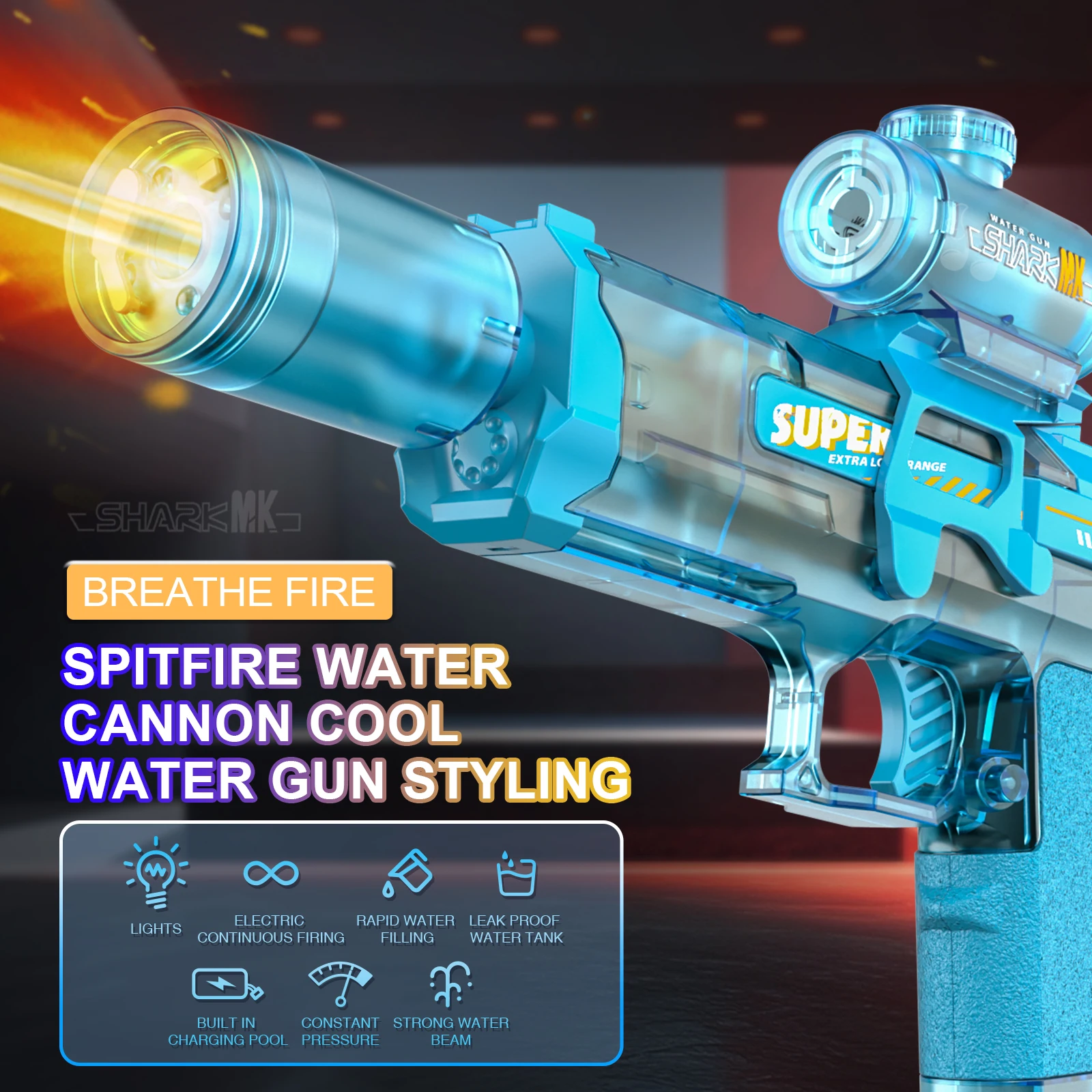 New Electric With Light, Flame Effect Spray, Continuous High-pressure, High-speed, Powerful Outdoor Water Gun Toys_voghion.com