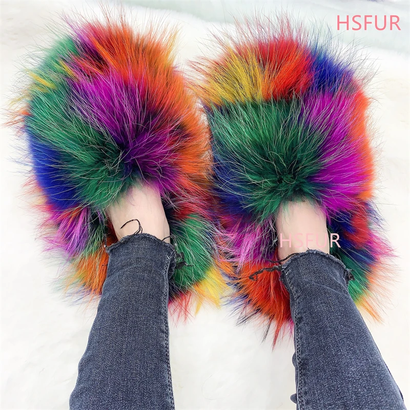 Luxury Fur Slippers Women Open Toe Raccoon Fur Slides Woman Shoes