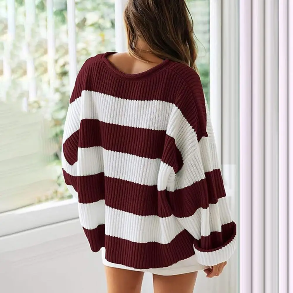 

Bell Sleeve Sweater Cozy Colorblock Knitted Women's Sweater Thick Warm Pullover with Round Neck Long Sleeves Soft Elastic Fall