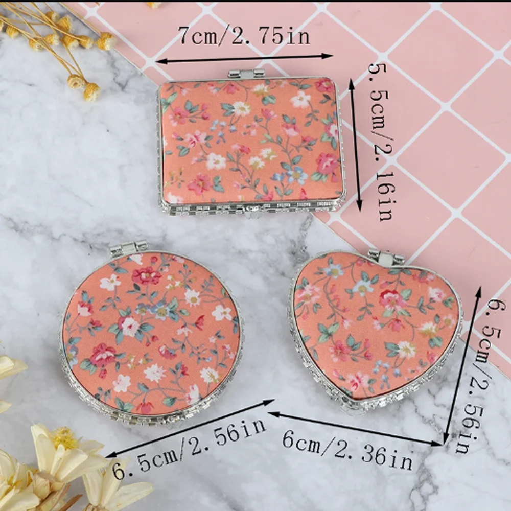 Vintage Mini Makeup Floral Mirror Foldable 4 Shapes Compact Pocket Hand Mirror Portable Cloth Cover Pocket Cosmetic Makeup Mirror Hand Holding Mirror