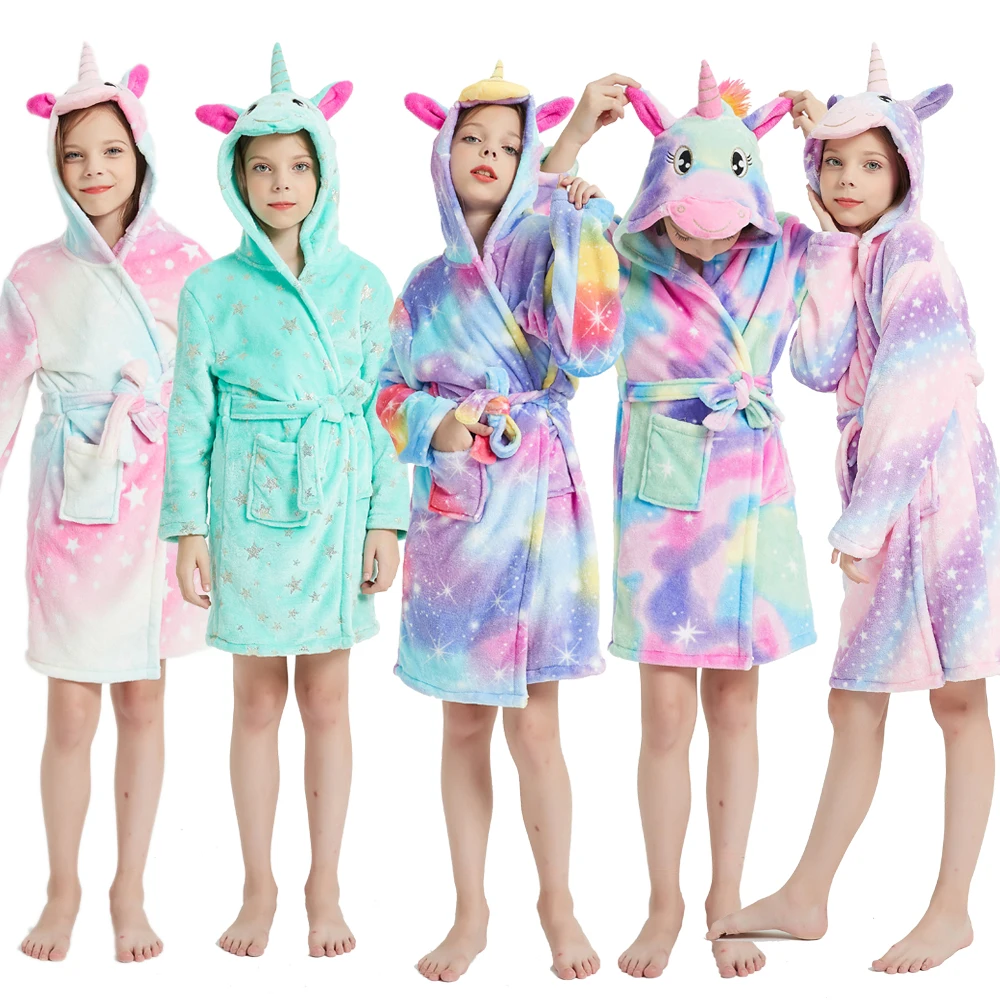 3-14 Years Children Winter Bathrobes Kids Flannel Sleepwear Girls Unicorn Nightgown Toddler Baby Soft Bath Robes Animal Clothing child bathrobe kids robe