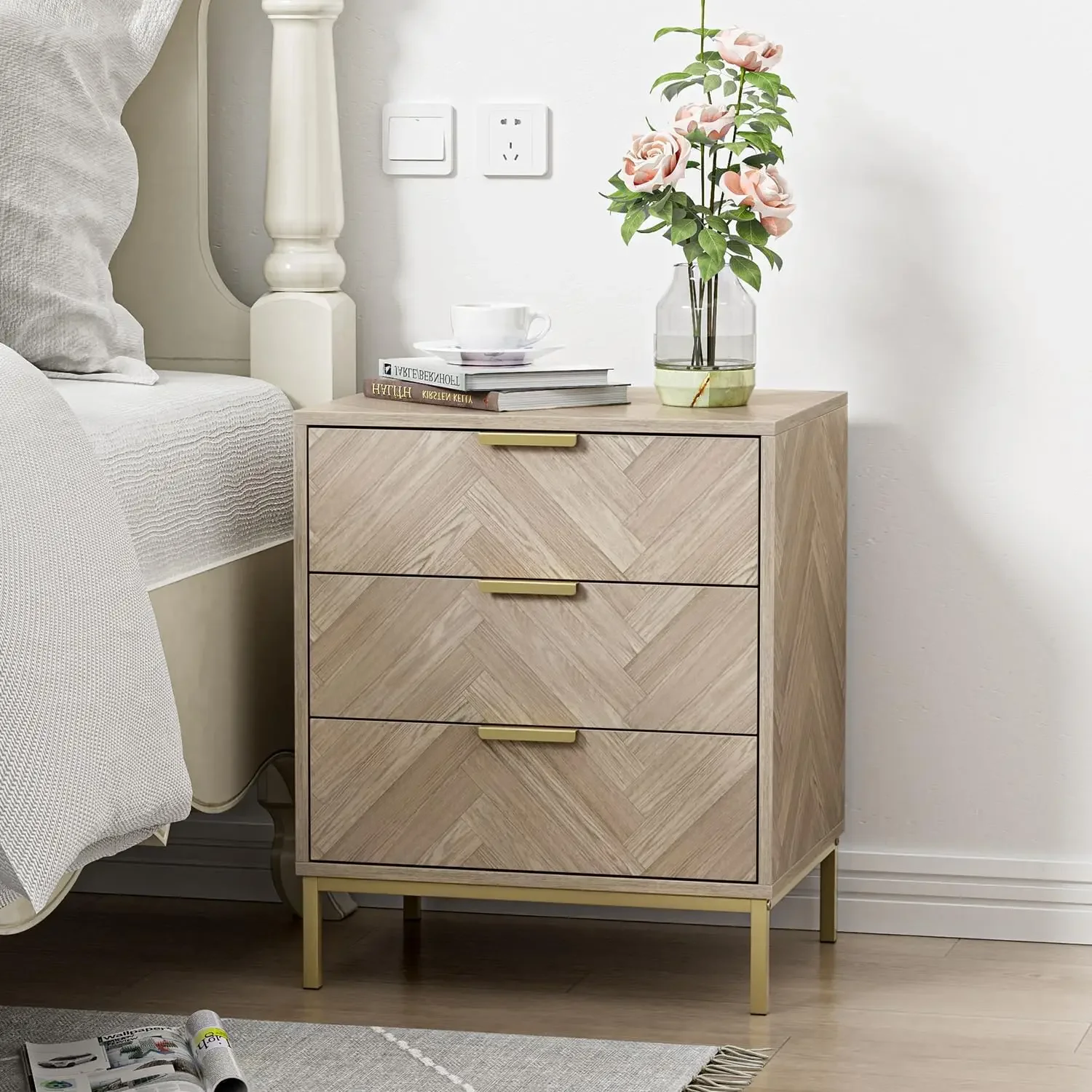 2pcs 3 Drawer Nightstand for Bedroom, Set of 2 Side Tables with 3 Drawers, Modern Wood Nightstand Square Bedside Table End Table 5