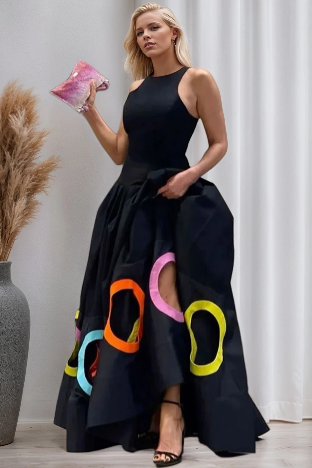 Damen elegante Abend party Kleid ärmellose Rundhals ausschnitt mehrfarbigen Kreis aushöhlen Sommer lässig Mode Kleider
