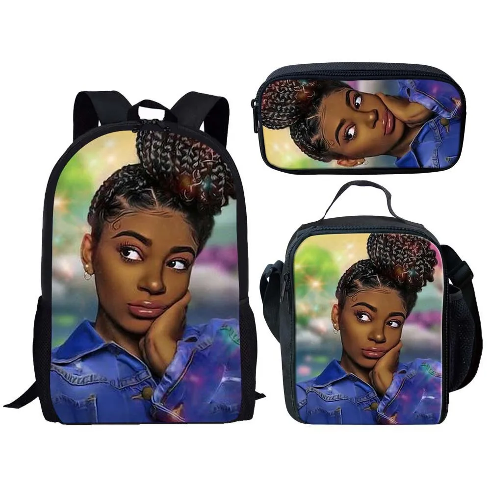 Popular Funny black African Girls 3D Printed 3pcs/Set pupil School Bags Laptop Daypack Backpack Lunch bag Pencil Case