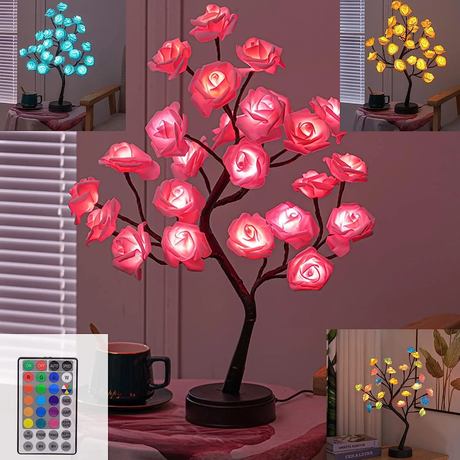 RGB Rose Flower Tree Lights 24LED USB Battery Table Lamp Fairy Night Light Home Party Christmas Wedding Bedroom Decoration Gift 2021 new led table lamp rose flower tree usb night lights christmas gift for kids room rose flower lighting home decoration