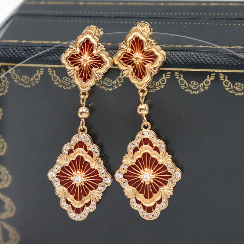

2023 Trends Long Earrings Gold Color Luxury Women's Earring Italian Vintage Christmas Earring Zircon Clover Jewelry Female Gift