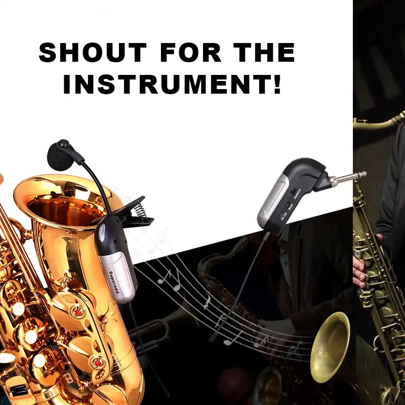 

Portable 2 Channel Wireless Receiver Transmitter Microphone System for Saxophone Performance Musical Instrument Recording