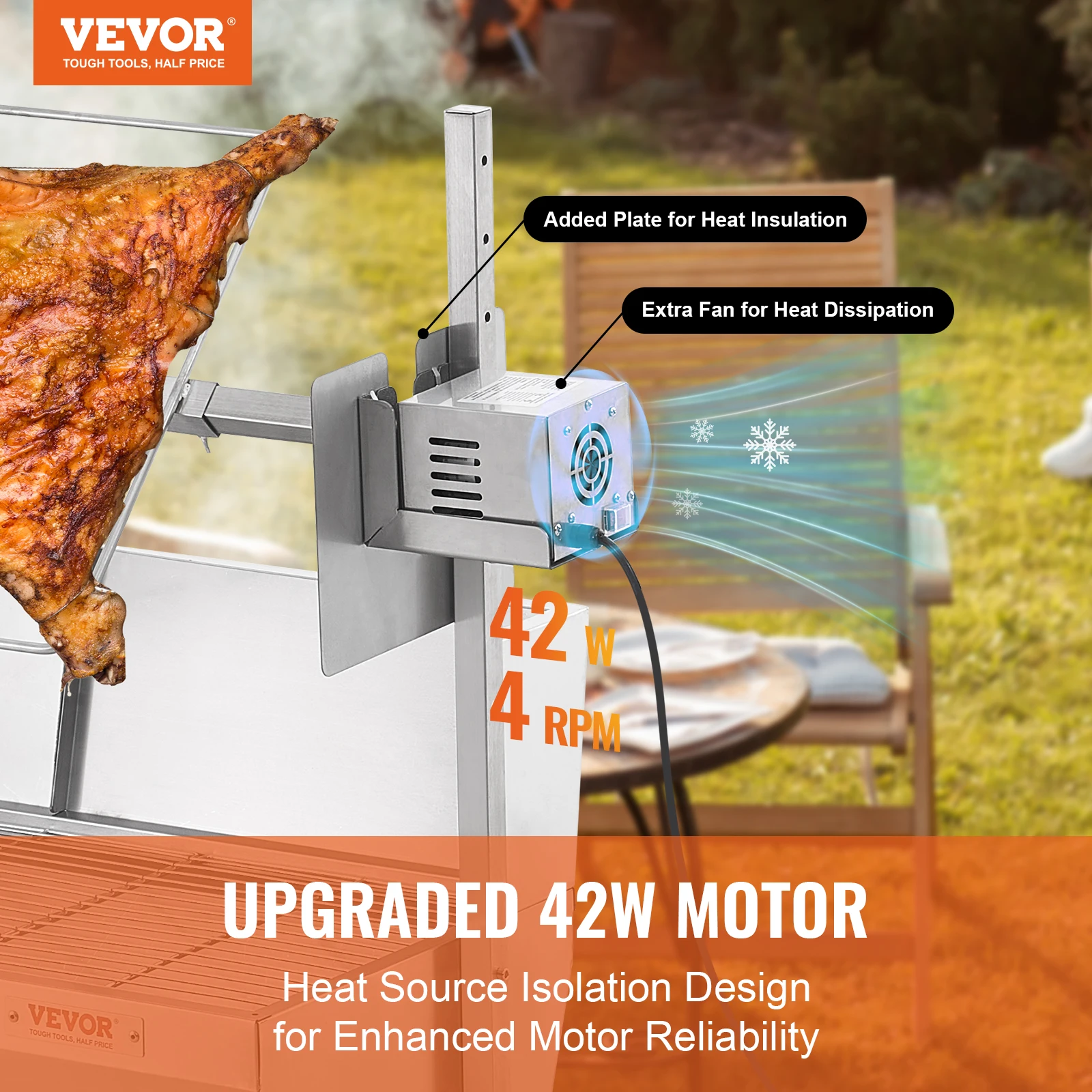 VEVOR 35inch Rotisserie Grill Electric Motor Charcoal Spit Grill Stainless Steel Roaster w/Lockable Wheels for Camping Outdoor 2