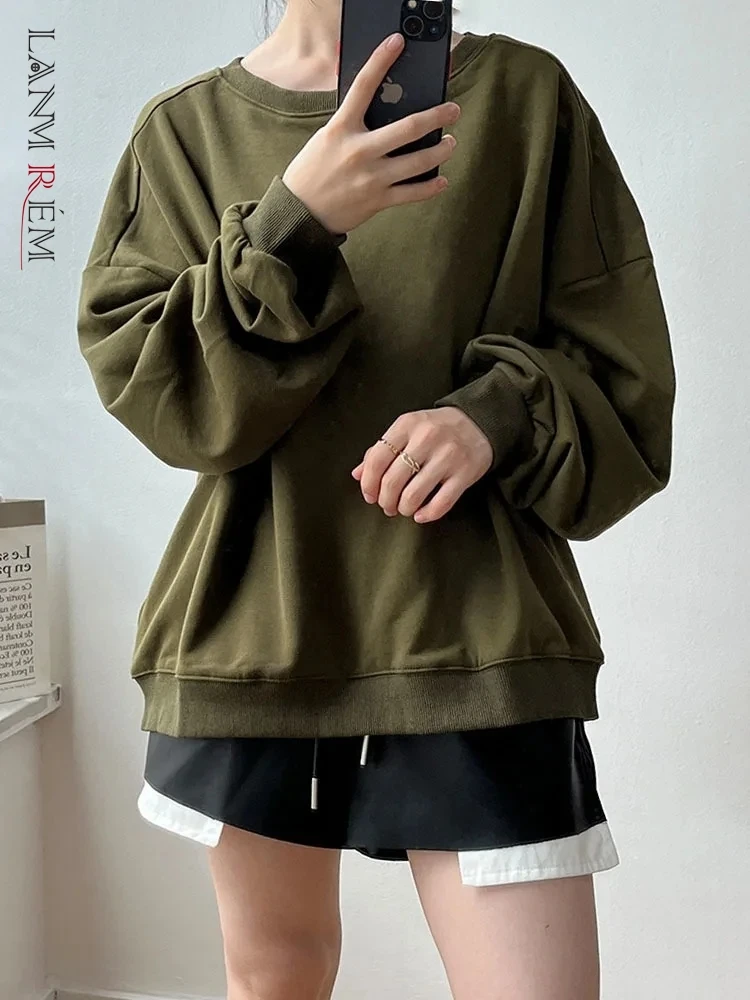 

[LANMREM] Minimalism Round Neck Pullover Sweatshirt For Women Long Sleeve Casual Loose Tops Fashion 2024 Spring New 26D8310
