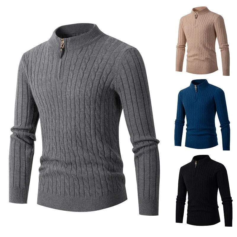 

Men's Sweater Autumn and Winter Long Sleeve Fried Dough Twist Half High Collar Zipper Sweater Coat