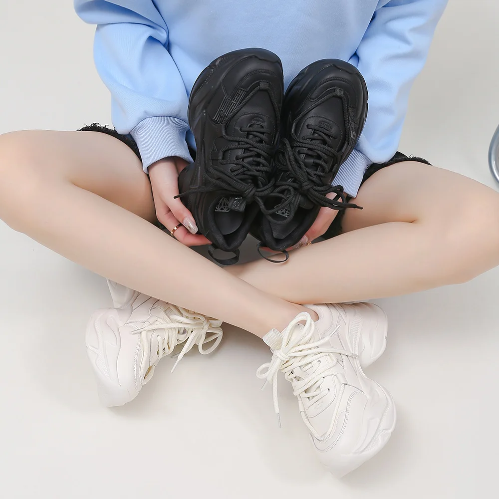 Somiliss Women Chunky Sneakers Casual Shoes Platform Sneakers Round Toe Thick Sole Lace-Up Ladies Trainers Handmade Black White