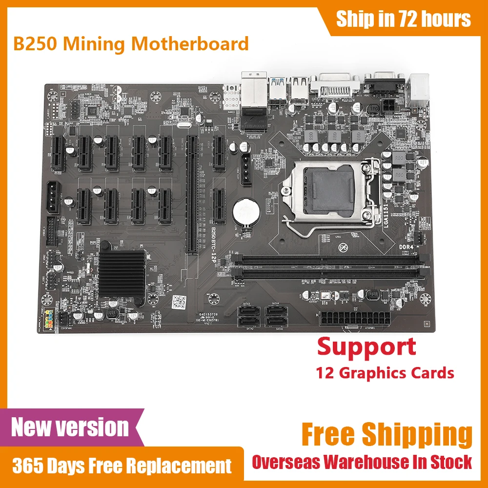 Материнская плата B250 Btc для майнинга ЦП 12 слотов видеокарты Поддержка Lga 1151 Память