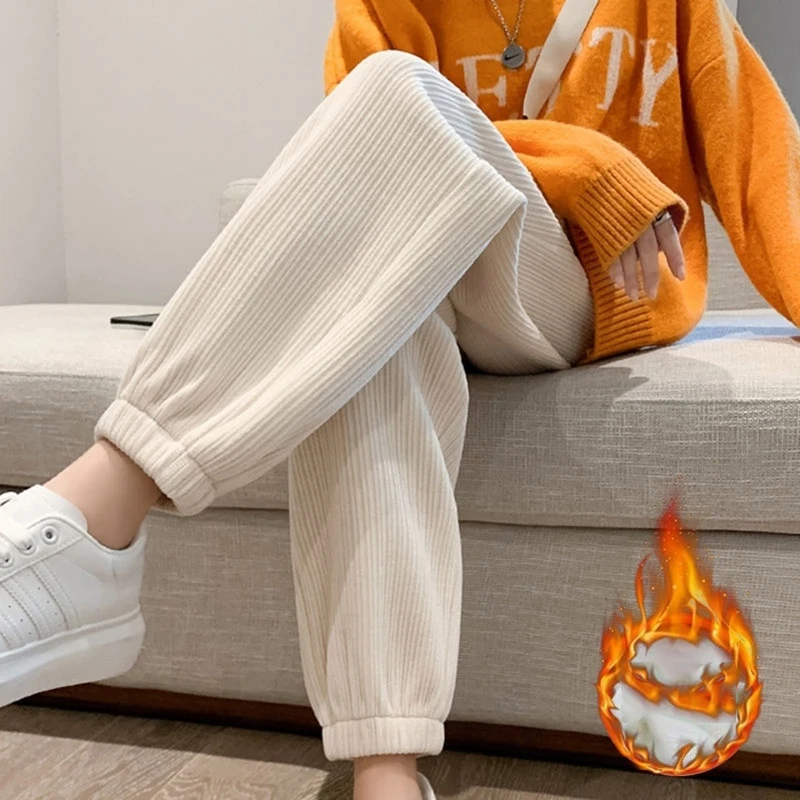 Oversized Plus Velvet Corduroy Harem Pants Women Solid Colors High Waist Baggy Trousers Plush Autumn Winter Ankle-Length Pants fashion jeans men s autumn and winter stretch cotton soft straight ankle tied high end men s all match tight casual trousers