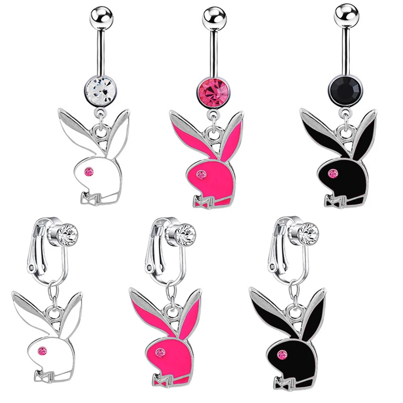 Belly Button Rings Bunny Navel rings Gold color Rabbit Belly Rings for Women Gem stone Pink Bunny Fake Piercing Ring 1pc