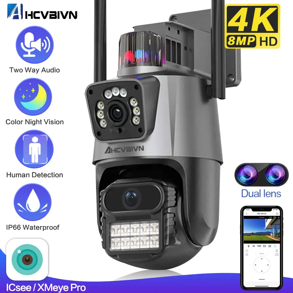 

8MP Wifi Camera Dual Lens Security Protection Waterproof Security CCTV Video Surveillance Camera 2K Police Light Alarm IP Camera